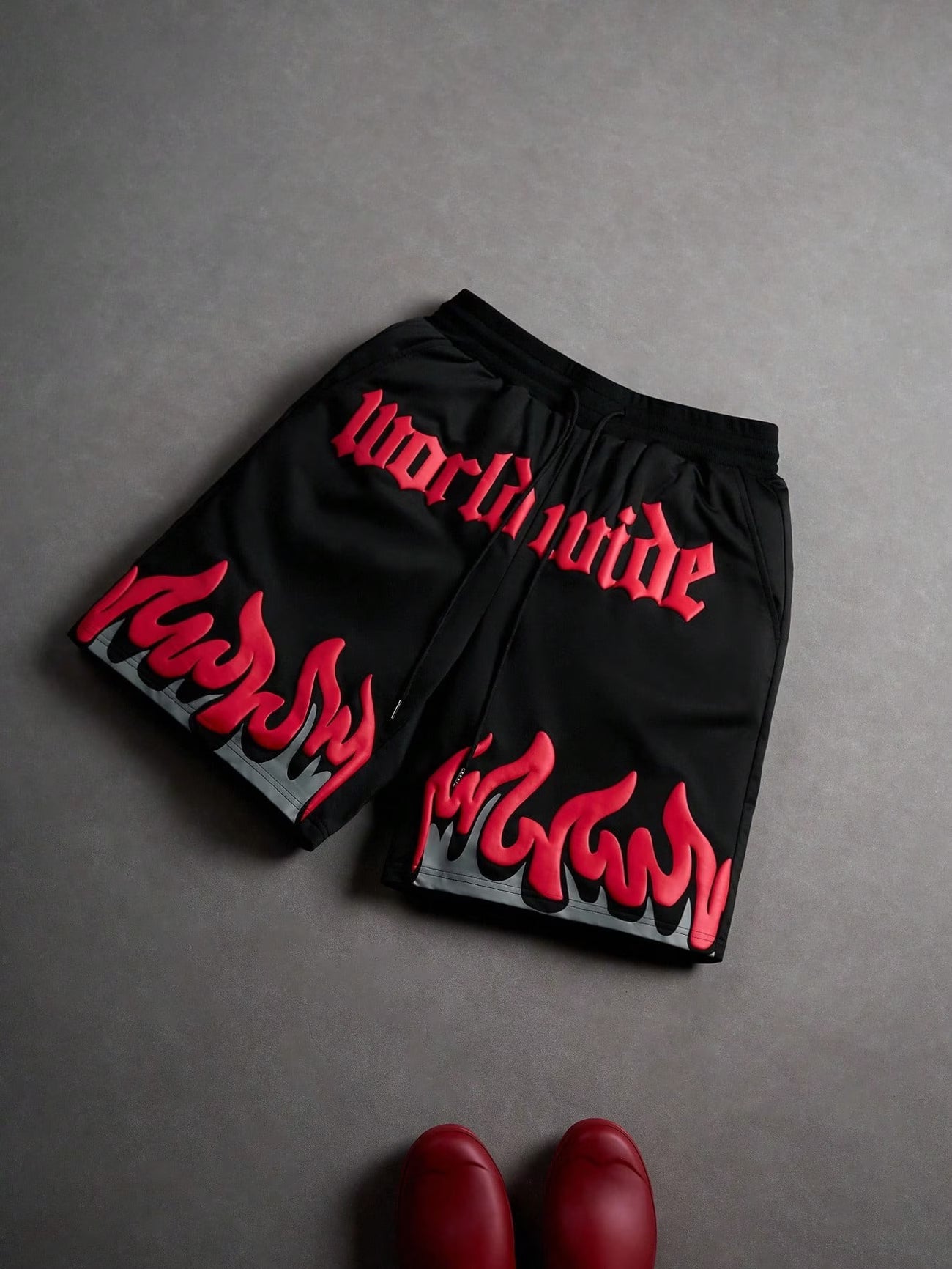 Flame & Letter Print Shorts, Black Graphic Shorts, Red Flame Shorts, Back to School